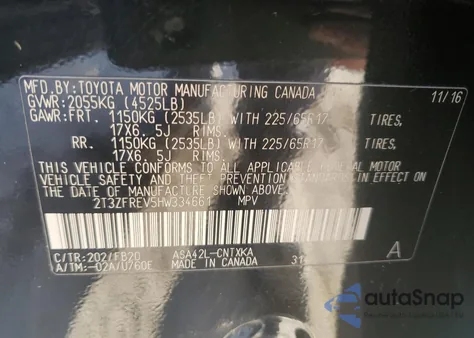 2017 Toyota Rav4 Le из США, поврежденный, VIN 2T3ZFREV5HW334661